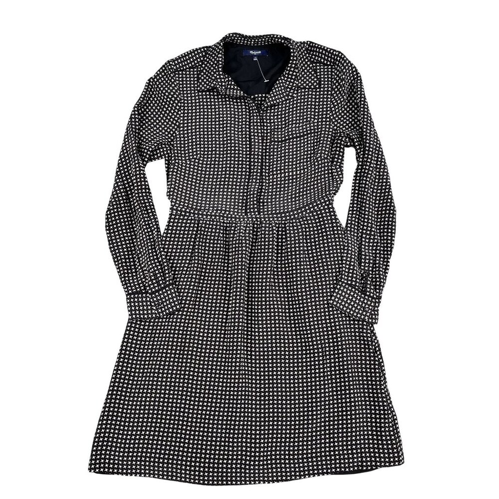 Madewell Womens 100% Silk Houndstooth Shirt Black Camel Dress Sz 2